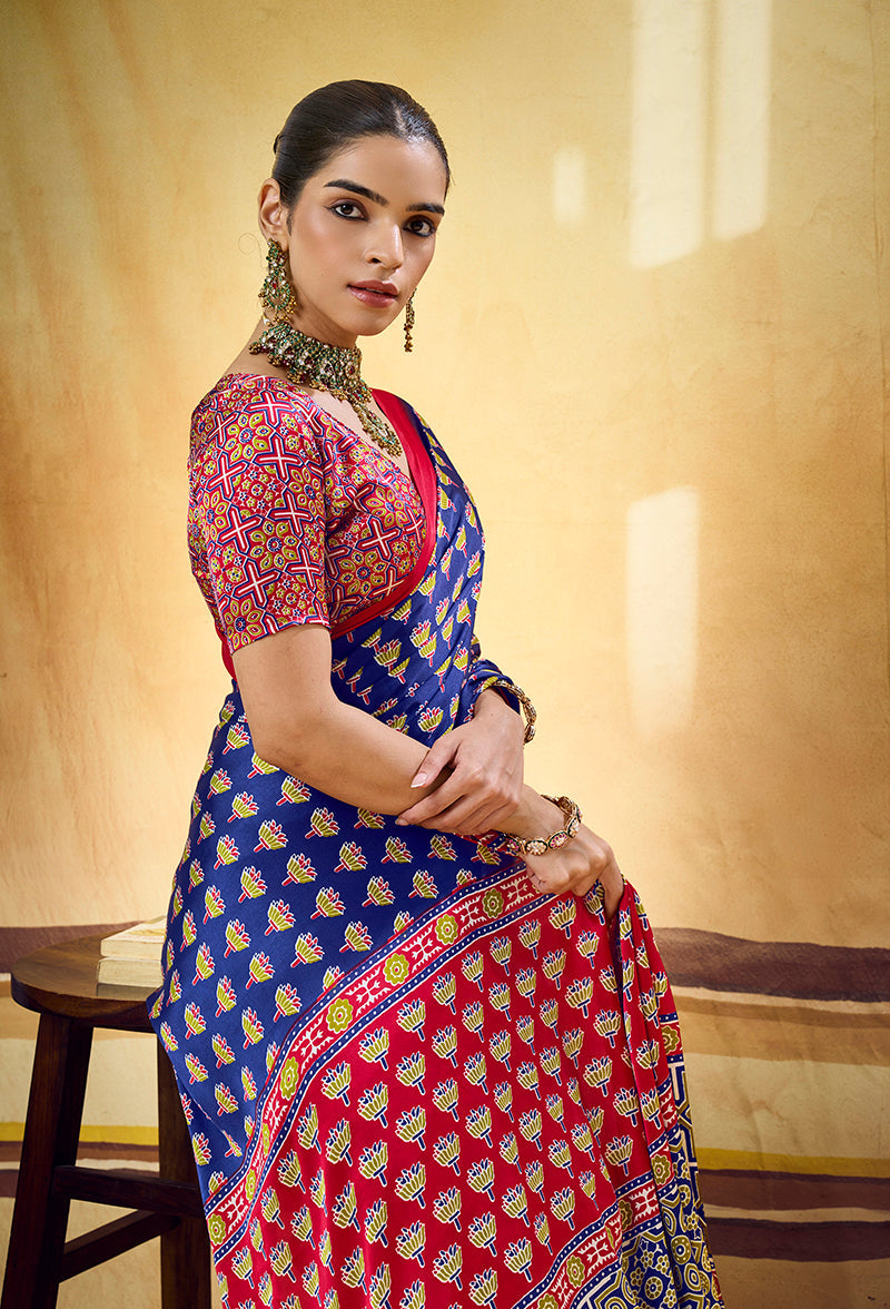 Monjolika Fashion Navy Blue Satin Printed Saree With Orange Border And Unstiched Blouse | Grocsy