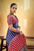 Monjolika Fashion Navy Blue Satin Printed Saree With Orange Border And Unstiched Blouse | Grocsy