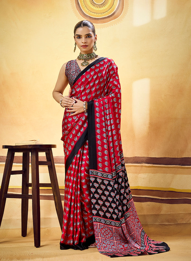 Monjolika Fashion Red Satin Printed Saree With Orange Border And Unstiched Blouse | Grocsy