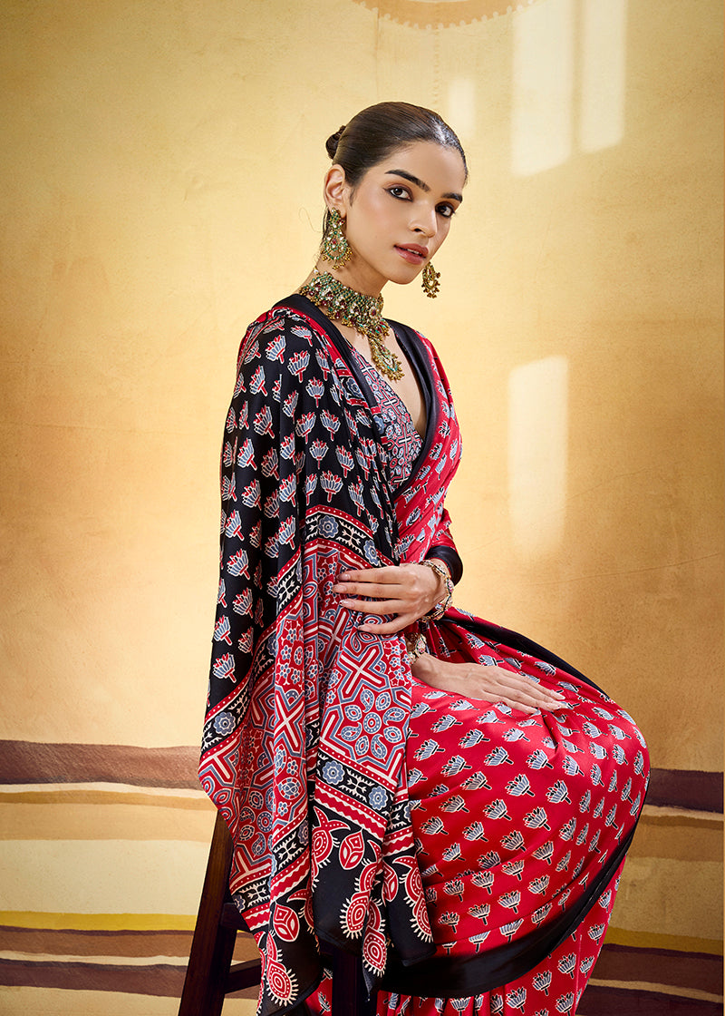 Monjolika Fashion Red Satin Printed Saree With Orange Border And Unstiched Blouse | Grocsy