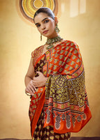 Monjolika Fashion Brown Satin Printed Saree With Orange Border And Unstiched Blouse | Grocsy