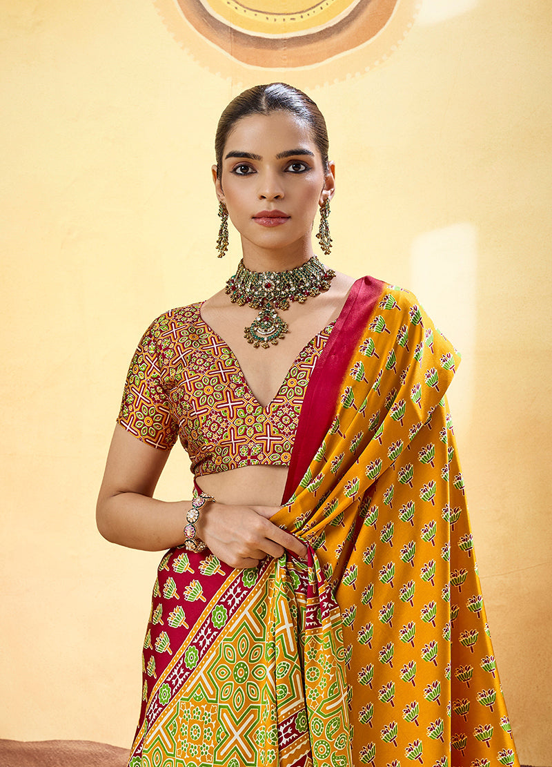 Monjolika Fashion Mustard Satin Printed Saree With Orange Border And Unstiched Blouse | Grocsy