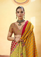 Monjolika Fashion Mustard Satin Printed Saree With Orange Border And Unstiched Blouse | Grocsy