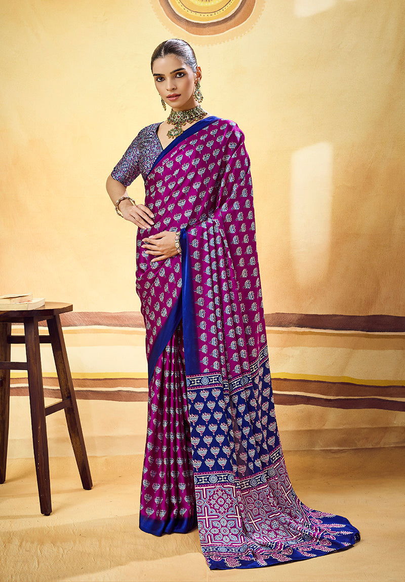 Monjolika Fashion Magenta Satin Printed Saree With Orange Border And Unstiched Blouse | Grocsy