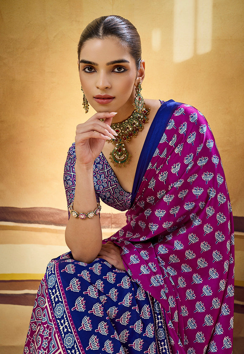 Monjolika Fashion Magenta Satin Printed Saree With Orange Border And Unstiched Blouse | Grocsy