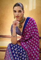 Monjolika Fashion Magenta Satin Printed Saree With Orange Border And Unstiched Blouse | Grocsy