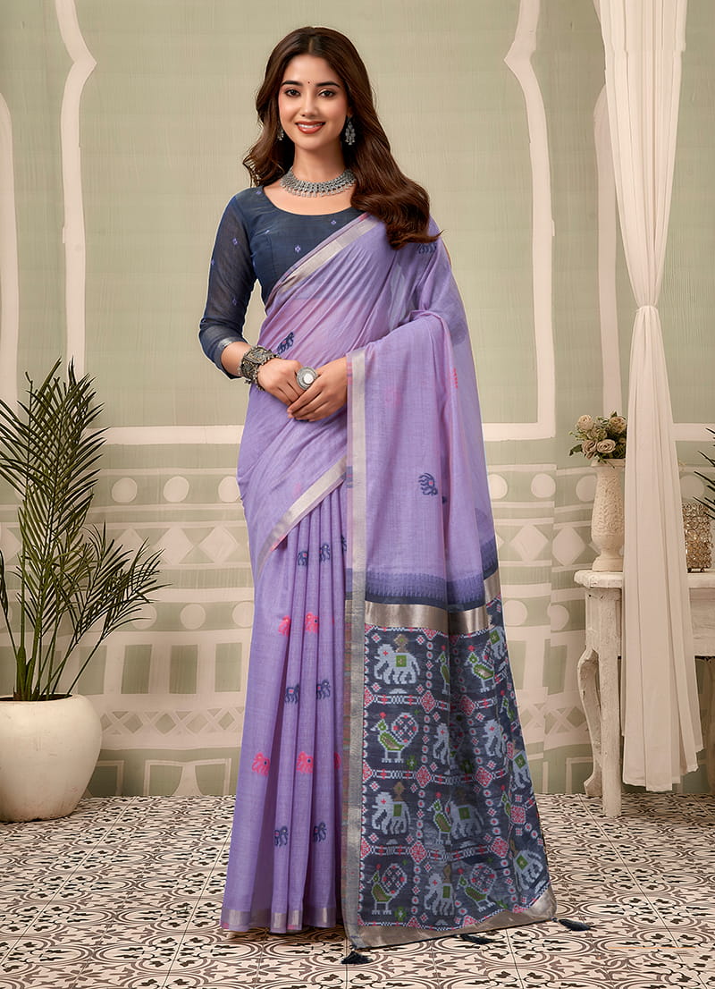 Monjolika Fashion Lavender Linen Blend Saree with Woven Elephant & Geometric Pallu | Grocsy
