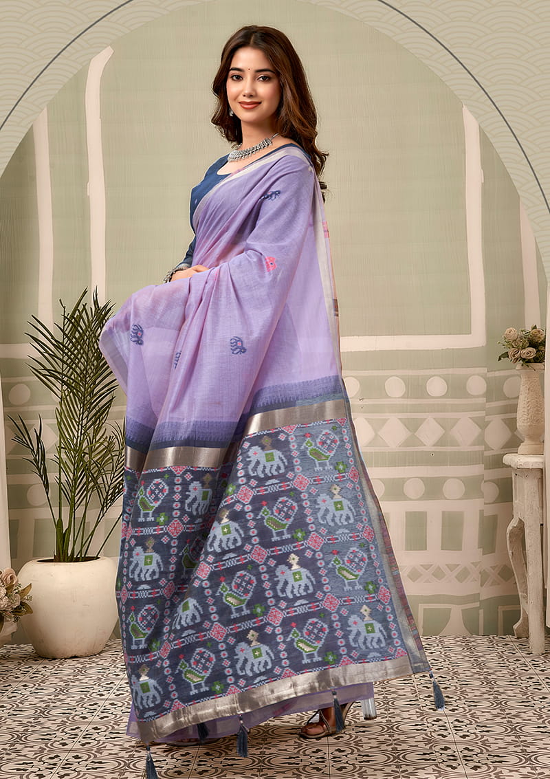 Monjolika Fashion Lavender Linen Blend Saree with Woven Elephant & Geometric Pallu | Grocsy