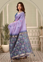 Monjolika Fashion Lavender Linen Blend Saree with Woven Elephant & Geometric Pallu | Grocsy