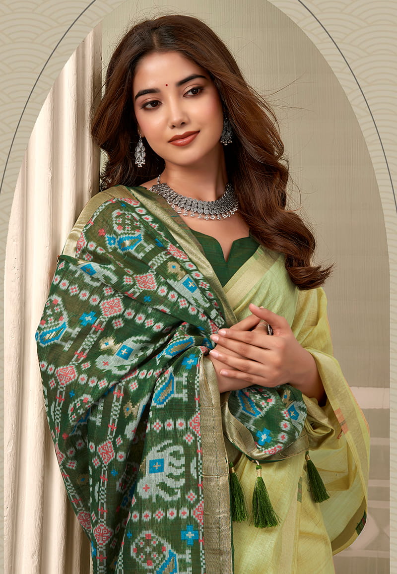 Monjolika Fashion Light Yellow Linen Blend Saree with Woven Elephant & Geometric Pallu | Grocsy