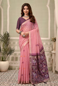 Monjolika Fashion Baby Pink Linen Blend Saree with Woven Elephant & Geometric Pallu | Grocsy