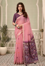 Monjolika Fashion Baby Pink Linen Blend Saree with Woven Elephant & Geometric Pallu | Grocsy