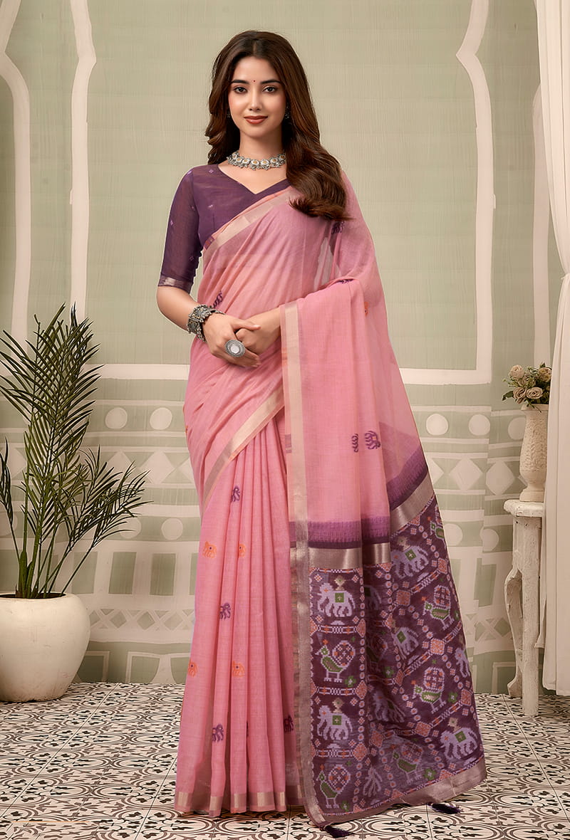 Monjolika Fashion Baby Pink Linen Blend Saree with Woven Elephant & Geometric Pallu | Grocsy