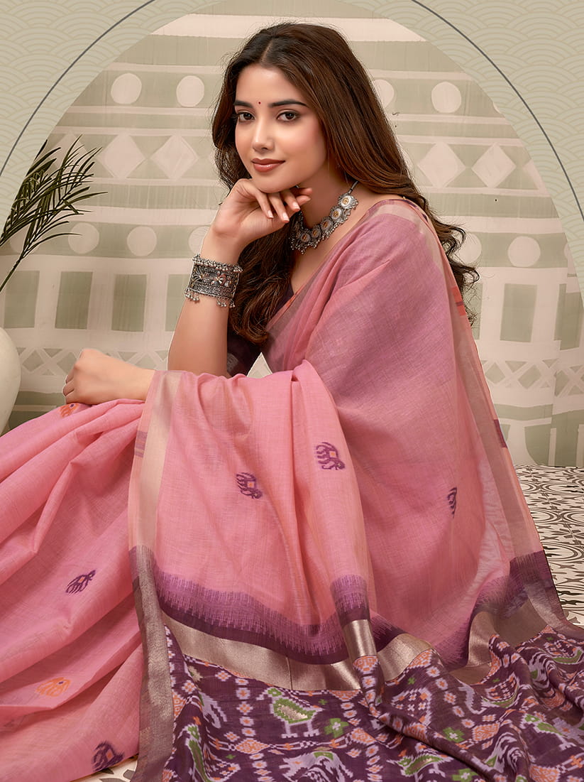 Monjolika Fashion Baby Pink Linen Blend Saree with Woven Elephant & Geometric Pallu | Grocsy