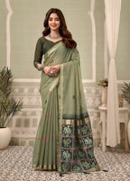Monjolika Fashion Sage Green Linen Blend Saree with Woven Elephant & Geometric Pallu | Grocsy