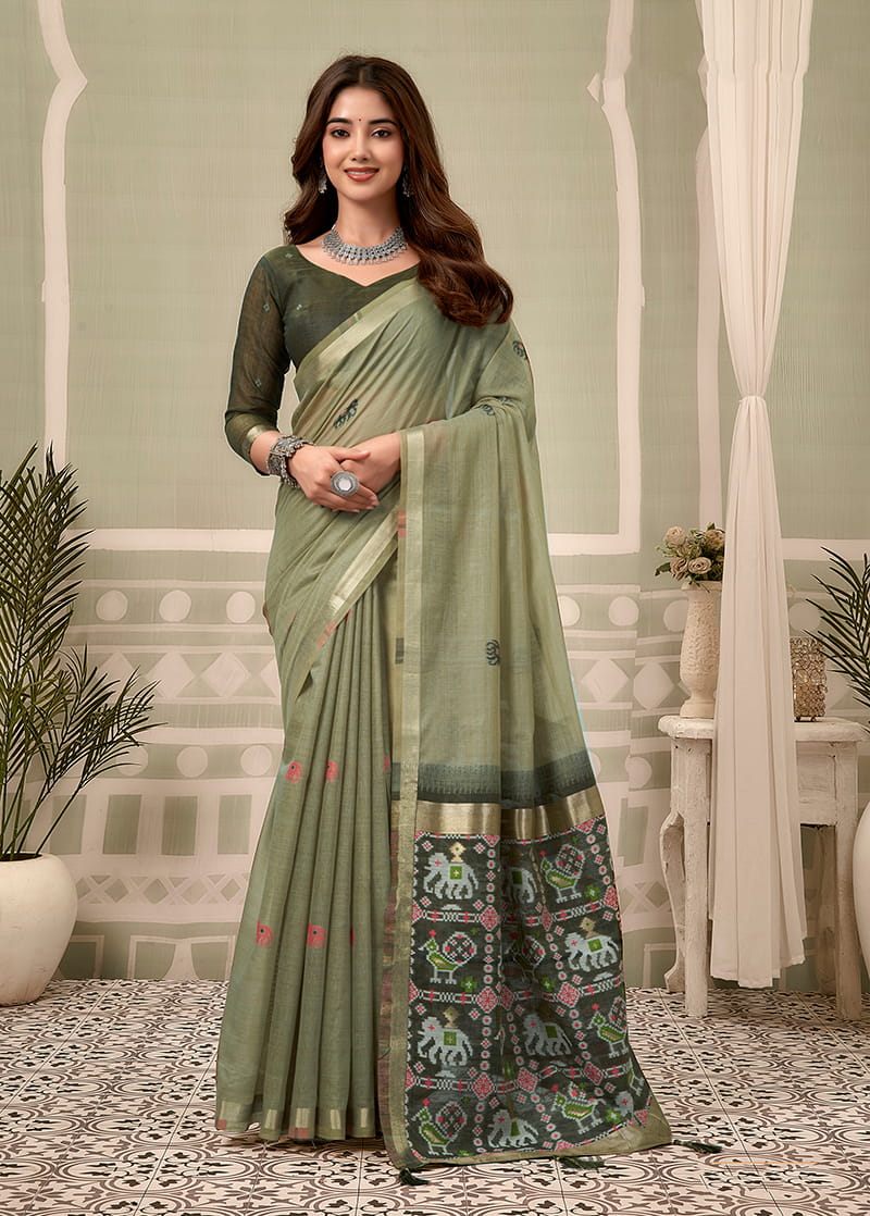 Monjolika Fashion Sage Green Linen Blend Saree with Woven Elephant & Geometric Pallu | Grocsy