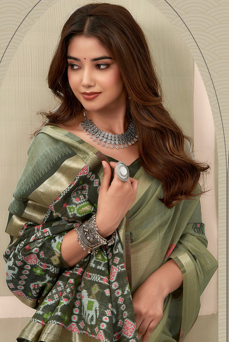 Monjolika Fashion Sage Green Linen Blend Saree with Woven Elephant & Geometric Pallu | Grocsy