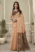 Monjolika Fashion Peach Linen Blend Saree with Woven Elephant & Geometric Pallu | Grocsy