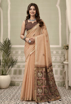 Monjolika Fashion Peach Linen Blend Saree with Woven Elephant & Geometric Pallu | Grocsy