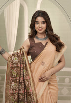 Monjolika Fashion Peach Linen Blend Saree with Woven Elephant & Geometric Pallu | Grocsy
