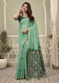 Monjolika Fashion Sea Green Linen Blend Saree with Woven Elephant & Geometric Pallu | Grocsy