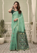 Monjolika Fashion Sea Green Linen Blend Saree with Woven Elephant & Geometric Pallu | Grocsy