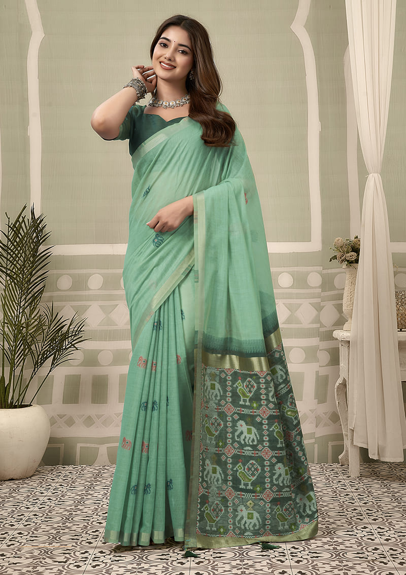 Monjolika Fashion Sea Green Linen Blend Saree with Woven Elephant & Geometric Pallu | Grocsy