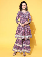 All About You Women Purple Floral Printed Regular Gotta Patti Pure Cotton Kurta with Sharara | Grocsy