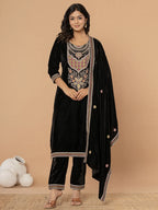 Yufta Black Velvet Embroidered A Have Cotton Lining Kurta Dupatta Set | Grocsy