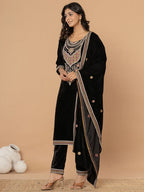 Yufta Black Velvet Embroidered A Have Cotton Lining Kurta Dupatta Set | Grocsy