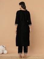Yufta Black Velvet Embroidered A Have Cotton Lining Kurta Dupatta Set | Grocsy