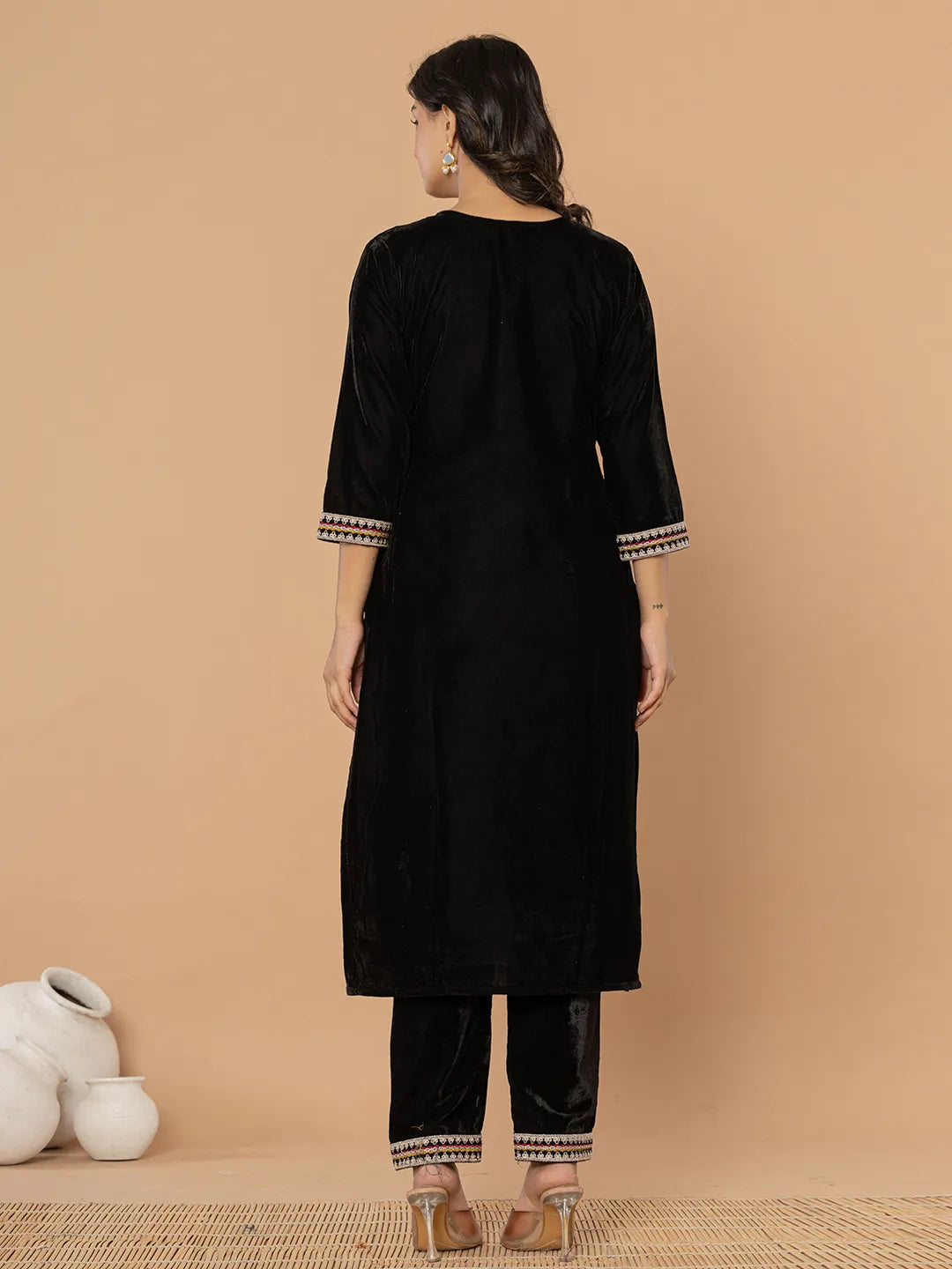 Yufta Black Velvet Embroidered A Have Cotton Lining Kurta Dupatta Set | Grocsy
