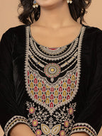 Yufta Black Velvet Embroidered A Have Cotton Lining Kurta Dupatta Set | Grocsy