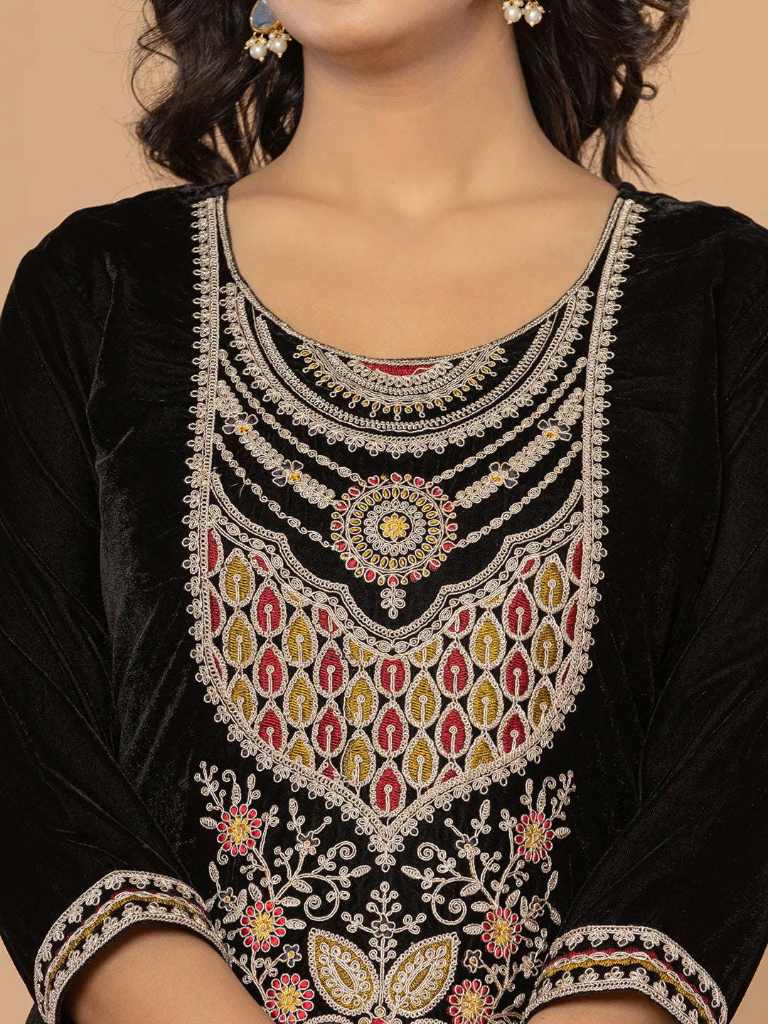 Yufta Black Velvet Embroidered A Have Cotton Lining Kurta Dupatta Set | Grocsy