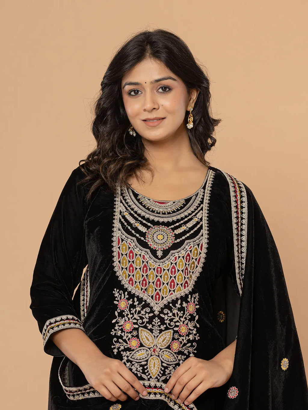 Yufta Black Velvet Embroidered A Have Cotton Lining Kurta Dupatta Set | Grocsy