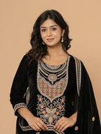 Yufta Black Velvet Embroidered A Have Cotton Lining Kurta Dupatta Set | Grocsy