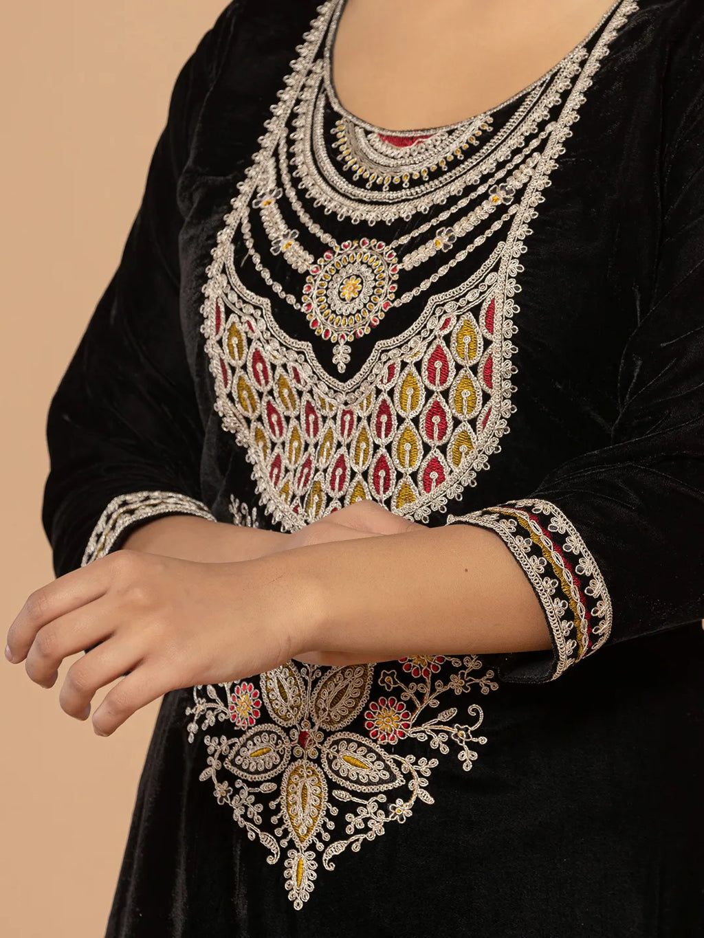 Yufta Black Velvet Embroidered A Have Cotton Lining Kurta Dupatta Set | Grocsy