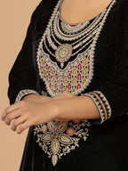 Yufta Black Velvet Embroidered A Have Cotton Lining Kurta Dupatta Set | Grocsy