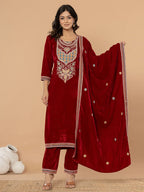 Yufta Maroon Velvet Embroidered A Have Cotton Lining Kurta Dupatta Set | Grocsy