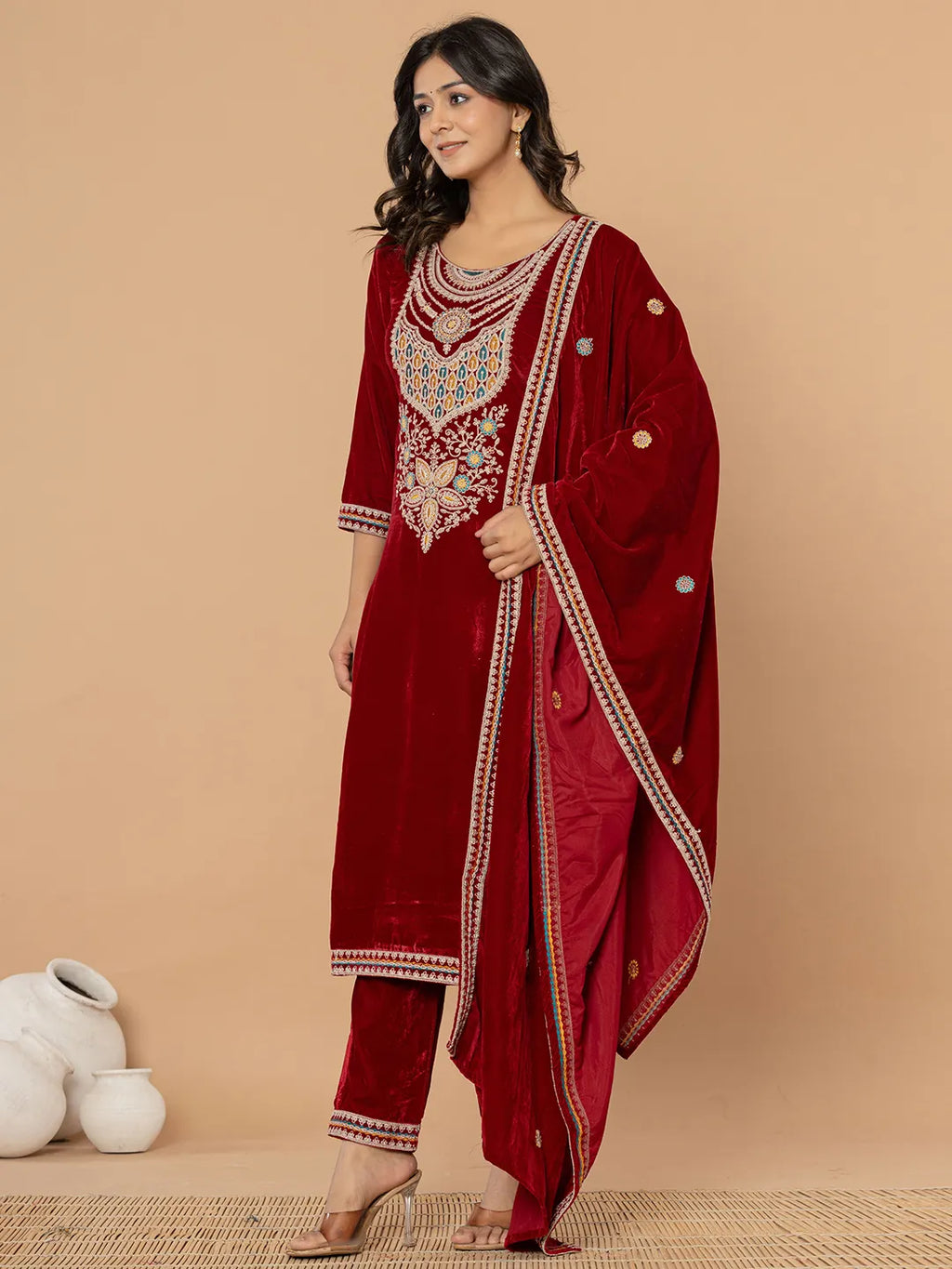 Yufta Maroon Velvet Embroidered A Have Cotton Lining Kurta Dupatta Set | Grocsy