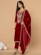 Yufta Maroon Velvet Embroidered A Have Cotton Lining Kurta Dupatta Set | Grocsy