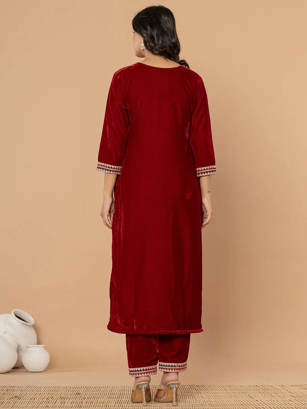 Yufta Maroon Velvet Embroidered A Have Cotton Lining Kurta Dupatta Set | Grocsy