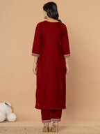 Yufta Maroon Velvet Embroidered A Have Cotton Lining Kurta Dupatta Set | Grocsy