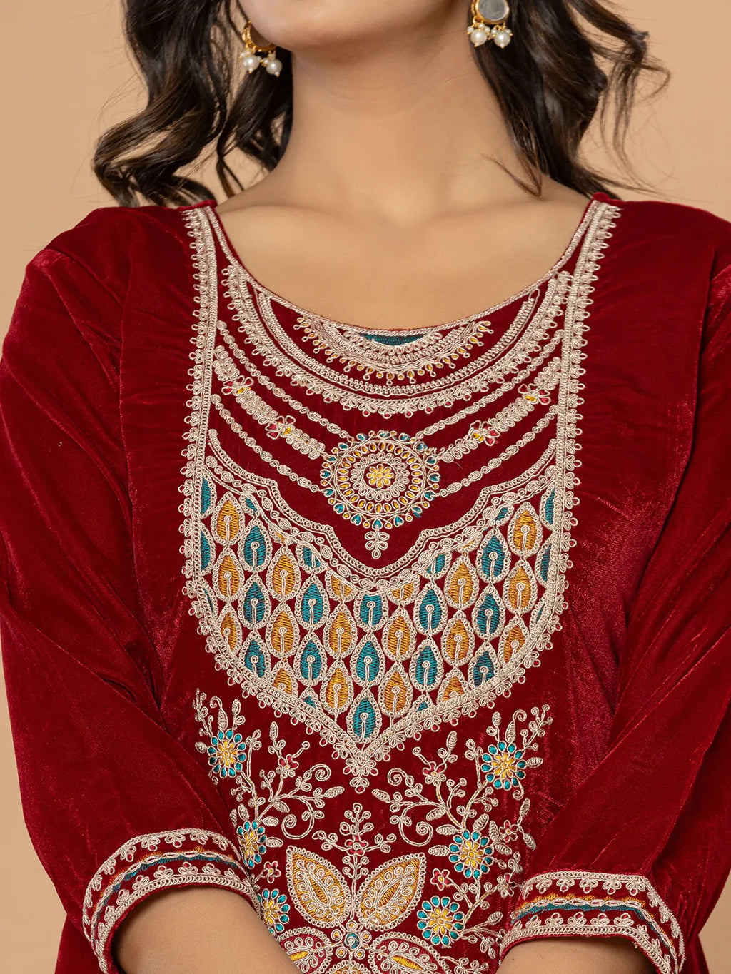 Yufta Maroon Velvet Embroidered A Have Cotton Lining Kurta Dupatta Set | Grocsy