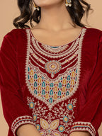 Yufta Maroon Velvet Embroidered A Have Cotton Lining Kurta Dupatta Set | Grocsy