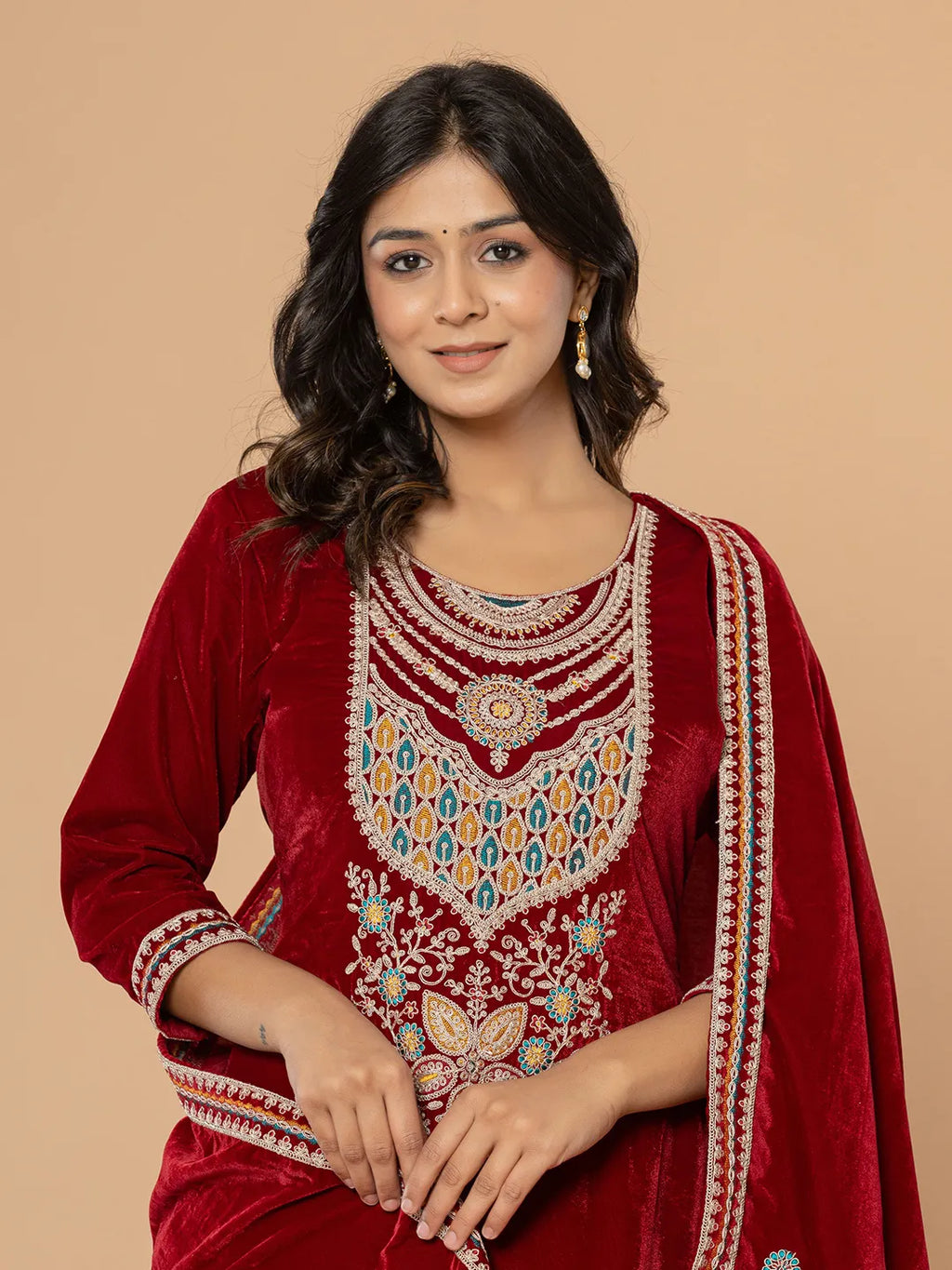 Yufta Maroon Velvet Embroidered A Have Cotton Lining Kurta Dupatta Set | Grocsy