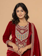 Yufta Maroon Velvet Embroidered A Have Cotton Lining Kurta Dupatta Set | Grocsy