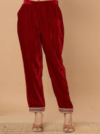 Yufta Maroon Velvet Embroidered A Have Cotton Lining Kurta Dupatta Set | Grocsy