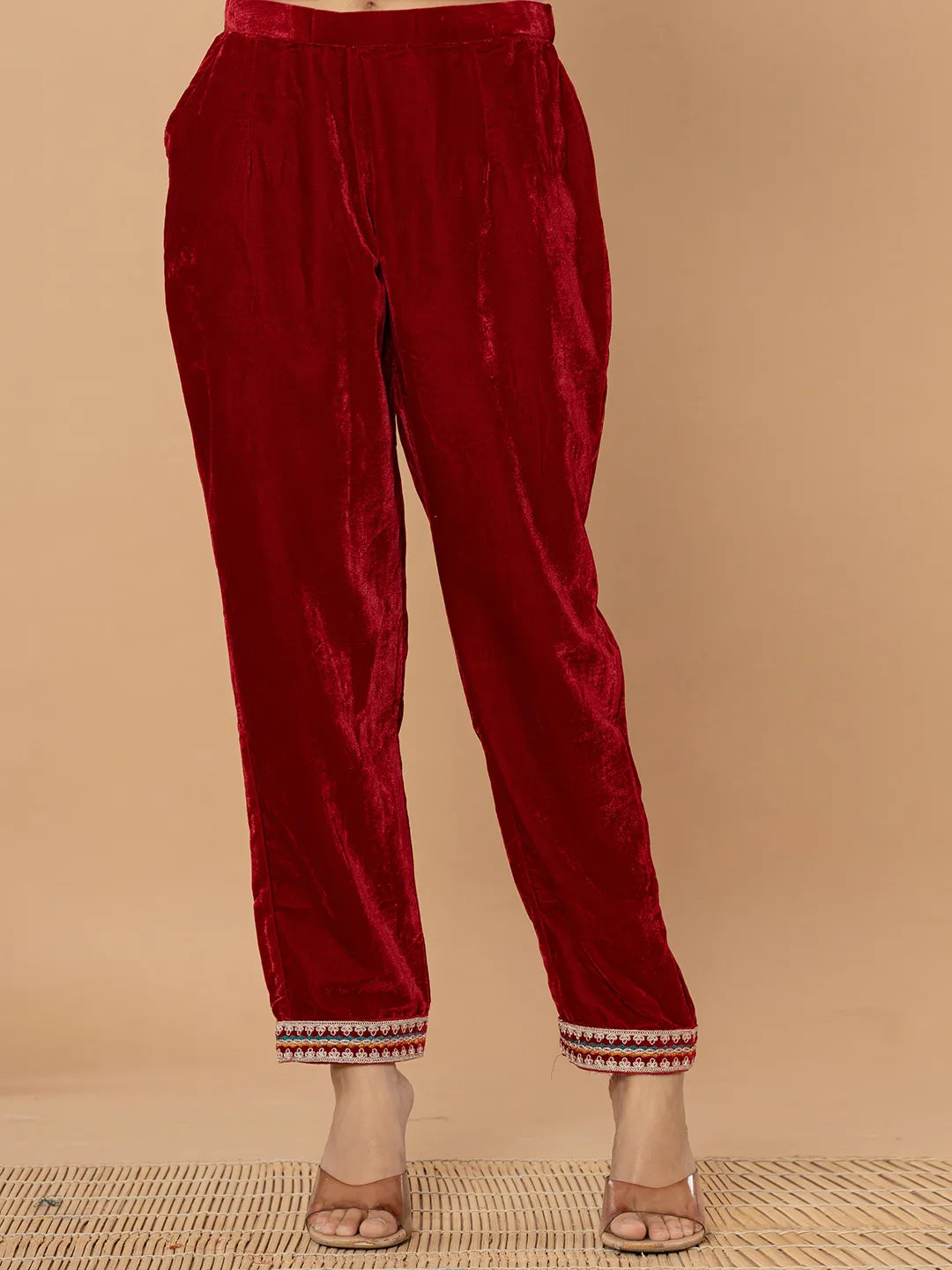 Yufta Maroon Velvet Embroidered A Have Cotton Lining Kurta Dupatta Set | Grocsy