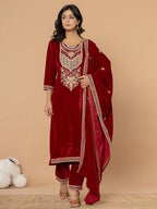 Yufta Maroon Velvet Embroidered A Have Cotton Lining Kurta Dupatta Set | Grocsy